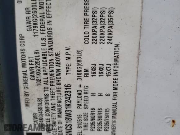 2001 Chevrolet Blazer LS z VIN 1GNCS18W31K242316, wystawiony jako Copart lot #70661605 z przebiegiem 117 135 mil mil oraz Czysty tytuł • Clean title. Historia ofert i sprzedaży dostępna na DreamBid. Obrazek 13.