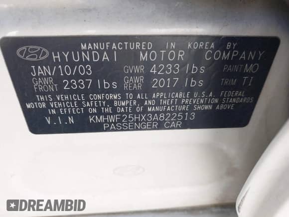 2003 Hyundai Sonata with VIN KMHWF25HX3A822513, listed as a IAAI auction lot 42235446 with 194,388 mi miles and . Bid and sale history available at DreamBid. Image 9.