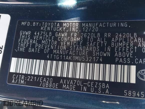2021 Toyota Camry SE Nightshade z VIN 4T1G11AK1MU532174, wystawiony jako IAAI lot #43458375 z przebiegiem 53 698 mil mil oraz . Historia ofert i sprzedaży dostępna na DreamBid. Obrazek 9.