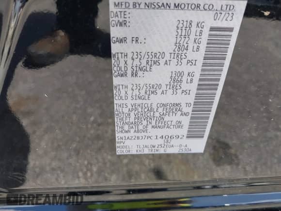 2023 Nissan Murano SV with VIN 5N1AZ2BJ7PC140692, listed as a IAAI auction lot 42507741 with 7,541 mi miles and . Bid and sale history available at DreamBid. Image 9.