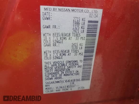 2014 Nissan Pathfinder Platinum with VIN 5N1AR2MM7EC664896, listed as a Copart auction lot 84631855 with 118,270 mi miles and Clean title. Bid and sale history available at DreamBid. Image 14.