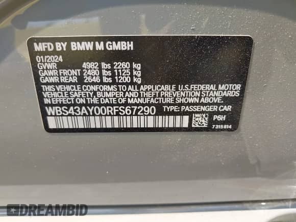 2024 BMW M3 Competition xDrive with VIN WBS43AY00RFS67290, listed as a IAAI auction lot 42329346 with 10,792 mi miles and . Bid and sale history available at DreamBid. Image 9.