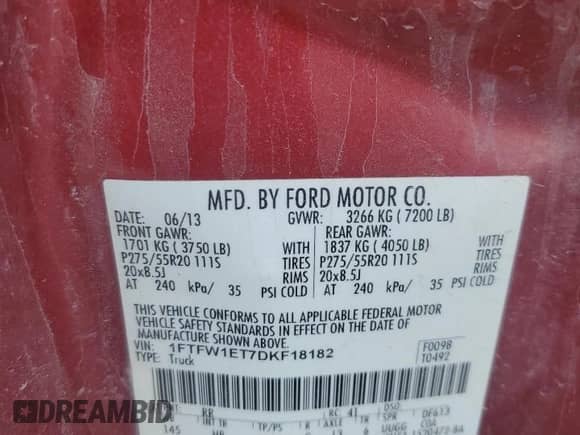 2013 Ford F-150 Lariat with VIN 1FTFW1ET7DKF18182, listed as a Copart auction lot 68183995 with 165,863 mi miles and Salvage title. Bid and sale history available at DreamBid. Image 12.