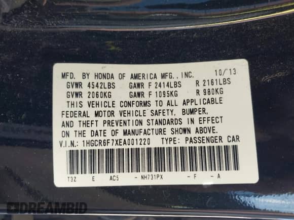 2014 Honda Accord Touring с VIN 1HGCR6F7XEA001220, выставлен на аукционе IAAI как лот 43445066 с пробегом 71 372 миль миль и . История ставок и продаж доступна на DreamBid. Изображение 9.