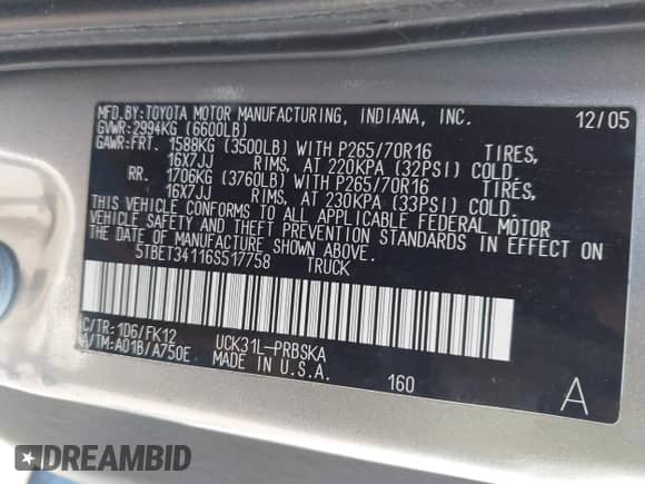 2006 Toyota Tundra SR5 с VIN 5TBET34116S517758, выставлен на аукционе IAAI как лот 43457244 с пробегом 148 011 миль миль и . История ставок и продаж доступна на DreamBid. Изображение 9.