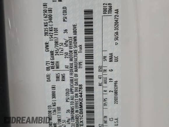 2021 Ford F-150 XL с VIN 1FTEX1CB8MKE44788, выставлен на аукционе Copart как лот 55617315 с пробегом 40 396 миль миль и Чистый • Clean title. История ставок и продаж доступна на DreamBid. Изображение 12.