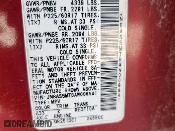2010 Nissan Rogue SL with VIN JN8AS5MT8AW006941, listed as a Copart auction lot 61361695 with 210,858 mi miles and Salvage title. Bid and sale history available at DreamBid. Image 13.