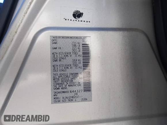 2014 Nissan Pathfinder SL with VIN 5N1AR2MNXEC644327, listed as a IAAI auction lot 43490240 with 164,079 mi miles and . Bid and sale history available at DreamBid. Image 9.