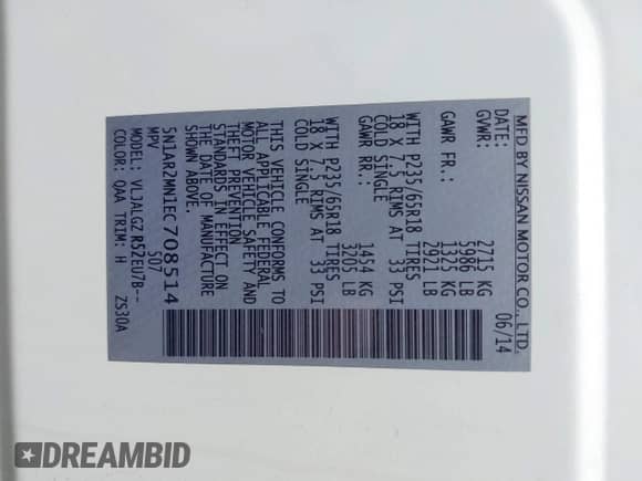 2014 Nissan Pathfinder Platinum with VIN 5N1AR2MN1EC708514, listed as a IAAI auction lot 42519600 with 94,916 mi miles and . Bid and sale history available at DreamBid. Image 9.