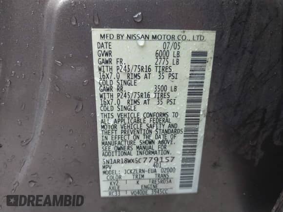 2005 Nissan Pathfinder SE с VIN 5N1AR18WX5C779157, выставлен на аукционе IAAI как лот 40363768 с пробегом 172 167 миль миль и . История ставок и продаж доступна на DreamBid. Изображение 9.