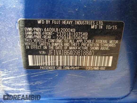 2016 Subaru WRX with VIN JF1VA1B64G9818840, listed as a Copart auction lot 61613065 with 132,011 mi miles and Salvage title. Bid and sale history available at DreamBid. Image 12.