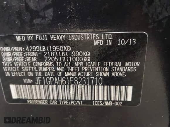 2014 Subaru Impreza Limited with VIN JF1GPAH61E8231710, listed as a IAAI auction lot 42933470 with 117,754 mi miles and . Bid and sale history available at DreamBid. Image 9.