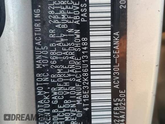 2006 Toyota Camry STD with VIN 4T1BE32K86U131488, listed as a Copart auction lot 81287985 with 195,340 mi miles and Clean title. Bid and sale history available at DreamBid. Image 12.