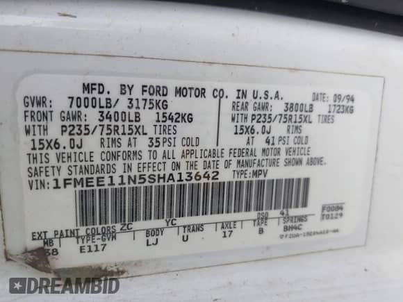 1995 Ford Econoline Cargo с VIN 1FMEE11N5SHA13642, выставлен на аукционе IAAI как лот 42259712 с пробегом 158 293 миль миль и . История ставок и продаж доступна на DreamBid. Изображение 9.