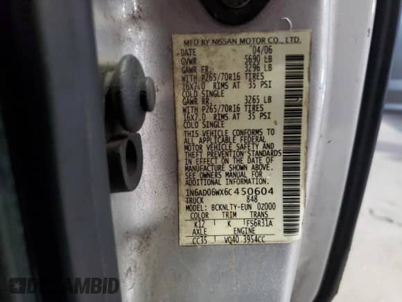 2006 Nissan Frontier SE z VIN 1N6AD06WX6C450604, wystawiony jako Copart lot #82303315 z przebiegiem 97 752 mil mil oraz Czysty tytuł • Clean title. Historia ofert i sprzedaży dostępna na DreamBid. Obrazek 12.