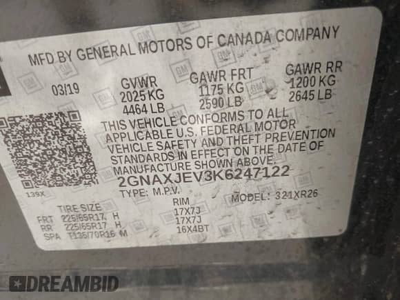 2019 Chevrolet Equinox LT with VIN 2GNAXJEV3K6247122, listed as a IAAI auction lot 42583377 with 83,549 mi miles and . Bid and sale history available at DreamBid. Image 9.