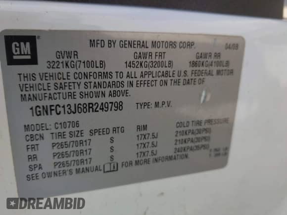 2008 Chevrolet Tahoe LTZ с VIN 1GNFC13J68R249798, выставлен на аукционе IAAI как лот 42857201 с пробегом 235 721 миль миль и . История ставок и продаж доступна на DreamBid. Изображение 9.