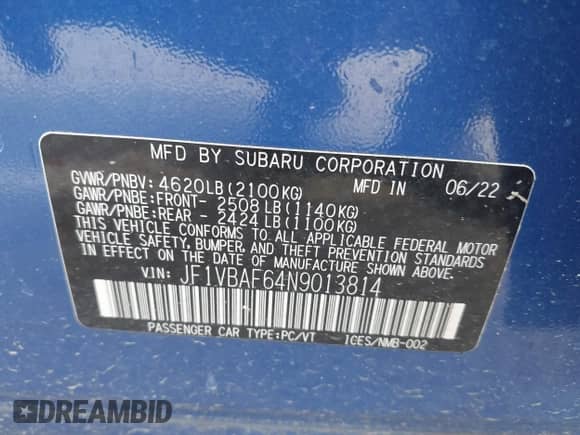 2022 Subaru WRX Premium с VIN JF1VBAF64N9013814, выставлен на аукционе IAAI как лот 42452692 с пробегом 28 081 миль миль и . История ставок и продаж доступна на DreamBid. Изображение 9.