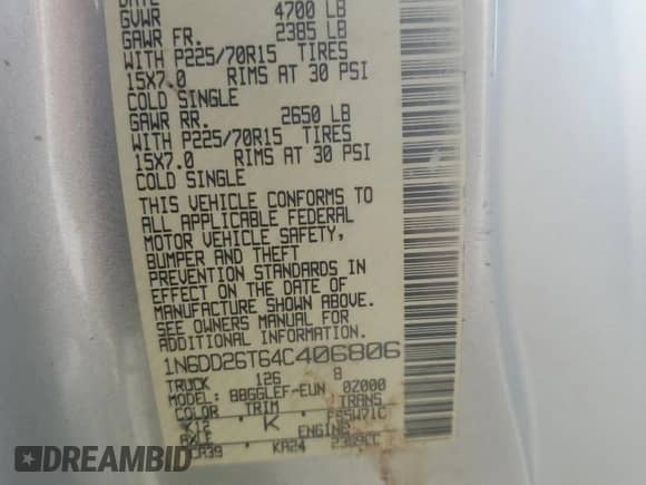 2004 Nissan Frontier XE с VIN 1N6DD26T64C406806, выставлен на аукционе Copart как лот 57427465 с пробегом 217 358 миль миль и На запчасти • Non repairable. История ставок и продаж доступна на DreamBid. Изображение 13.