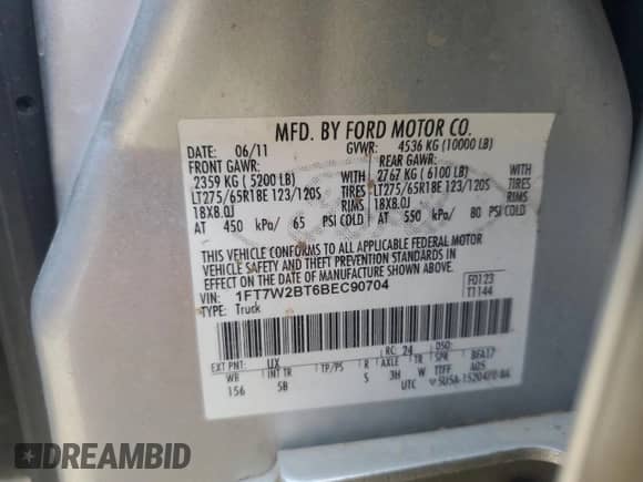 2011 Ford F-250 XL с VIN 1FT7W2BT6BEC90704, выставлен на аукционе Copart как лот 85535765 с пробегом 207 388 миль миль и Чистый • Clean title. История ставок и продаж доступна на DreamBid. Изображение 12.