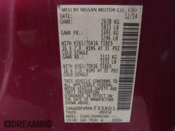 2015 Nissan Frontier SL with VIN 1N6AD0FV9FN733801, listed as a IAAI auction lot 41872500 with 219,789 mi miles and . Bid and sale history available at DreamBid. Image 9.