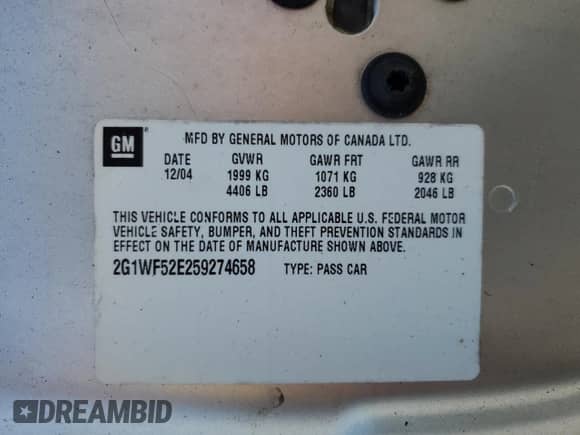 2005 Chevrolet Impala с VIN 2G1WF52E259274658, выставлен на аукционе Copart как лот 67352955 с пробегом 84 970 миль миль и Списание • Salvage title. История ставок и продаж доступна на DreamBid. Изображение 12.