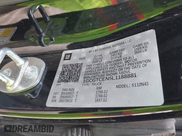 2020 Chevrolet Colorado 4WD LT with VIN 1GCGTCEN5L1188881, listed as a IAAI auction lot 43280975 with 110,192 mi miles and . Bid and sale history available at DreamBid. Image 9.