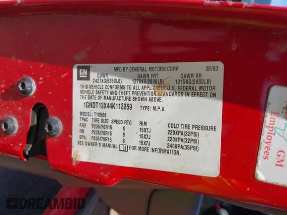 2004 Chevrolet Blazer LS with VIN 1GNDT13X44K113359, listed as a IAAI auction lot 42279143 with 137,260 mi miles and . Bid and sale history available at DreamBid. Image 9.