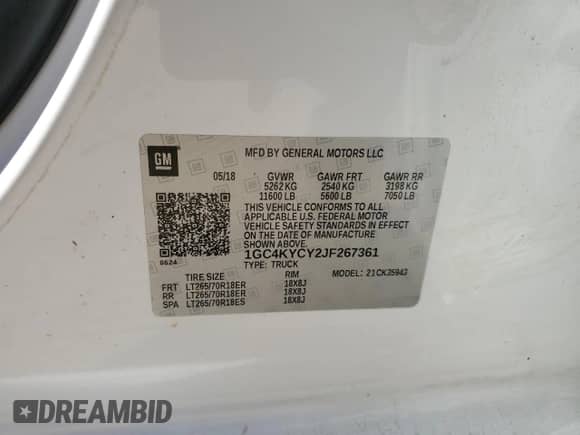 2018 Chevrolet Silverado 3500HD Work Truck с VIN 1GC4KYCY2JF267361, выставлен на аукционе Copart как лот 73365184 с пробегом 122 830 миль миль и Чистый • Clean title. История ставок и продаж доступна на DreamBid. Изображение 12.