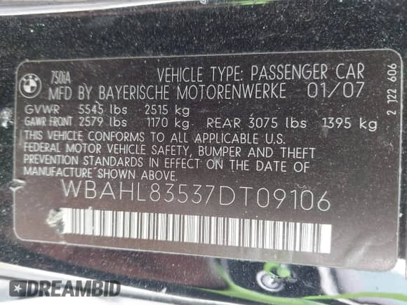 2007 BMW 7 Series 750i с VIN WBAHL83537DT09106, выставлен на аукционе IAAI как лот 43411029 с пробегом 190 484 миль миль и . История ставок и продаж доступна на DreamBid. Изображение 9.