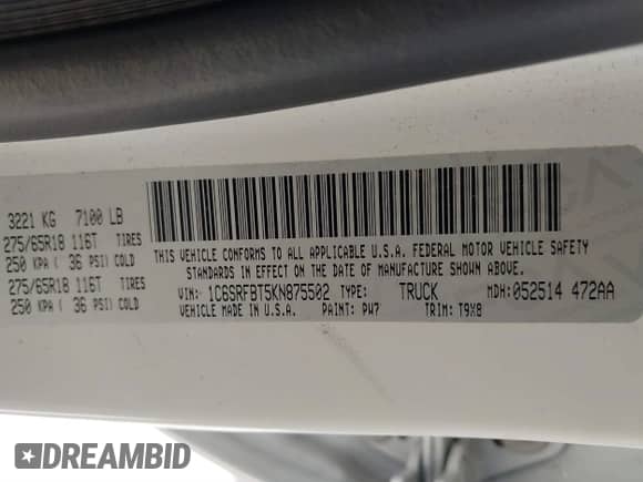 2019 Ram 1500 Big Horn with VIN 1C6SRFBT5KN875502, listed as a IAAI auction lot 41887826 with 76,404 mi miles and . Bid and sale history available at DreamBid. Image 9.