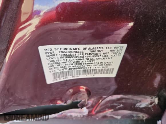 2009 Honda Pilot EX with VIN 5FNYF48469B032871, listed as a Copart auction lot 80222025 with 179,477 mi miles and Salvage title. Bid and sale history available at DreamBid. Image 12.