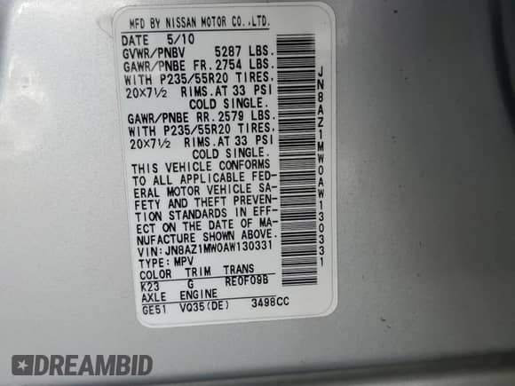 2010 Nissan Murano LE с VIN JN8AZ1MW0AW130331, выставлен на аукционе Copart как лот 80093145 с пробегом 127 596 миль миль и Списание • Salvage title. История ставок и продаж доступна на DreamBid. Изображение 14.