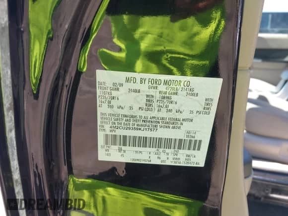 2009 Mercury Mariner Hybrid with VIN 4M2CU29359KJ17577, listed as a IAAI auction lot 43091811 with 247,830 mi miles and . Bid and sale history available at DreamBid. Image 9.