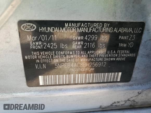 2011 Hyundai Sonata GLS z VIN 5NPEB4AC8BH256912, wystawiony jako Copart lot #70308925 z przebiegiem 108 155 mil mil oraz Szkoda całkowita • Salvage title. Historia ofert i sprzedaży dostępna na DreamBid. Obrazek 12.