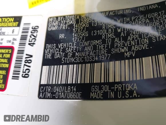 2013 Toyota Sienna XLE AAS with VIN 5TDYK3DC1DS341977, listed as a IAAI auction lot 41418311 with Not provided miles and . Bid and sale history available at DreamBid. Image 9.