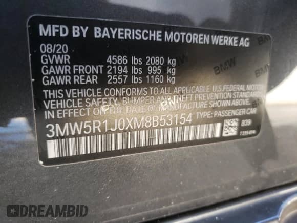 2021 BMW 3 Series 330i z VIN 3MW5R1J0XM8B53154, wystawiony jako Copart lot #81292145 z przebiegiem 41 995 mil mil oraz Szkoda całkowita • Salvage title. Historia ofert i sprzedaży dostępna na DreamBid. Obrazek 12.