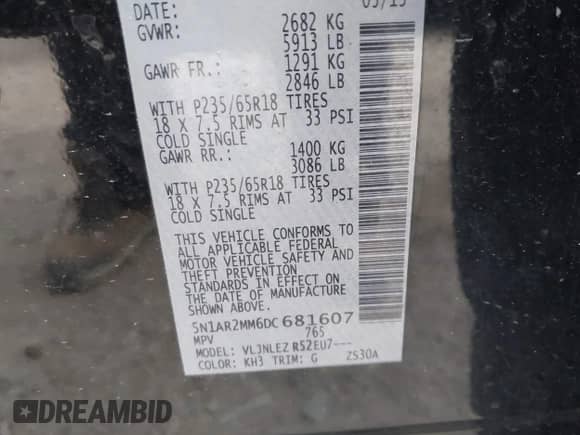 2013 Nissan Pathfinder SV with VIN 5N1AR2MM6DC681607, listed as a IAAI auction lot 42490708 with 103,460 mi miles and . Bid and sale history available at DreamBid. Image 9.