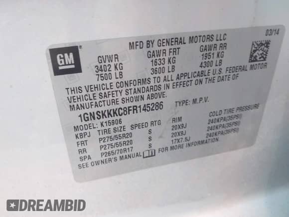 2015 Chevrolet Suburban LTZ с VIN 1GNSKKKC8FR145286, выставлен на аукционе IAAI как лот 43119290 с пробегом 185 912 миль миль и . История ставок и продаж доступна на DreamBid. Изображение 9.