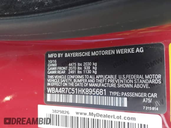 2017 BMW 4 Series 430i with VIN WBA4R7C51HK895681, listed as a IAAI auction lot 41463568 with 65,240 mi miles and . Bid and sale history available at DreamBid. Image 9.