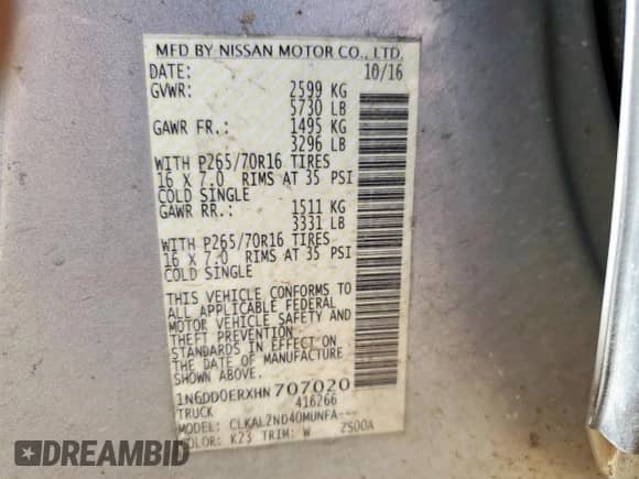 2017 Nissan Frontier Desert Runner with VIN 1N6DD0ERXHN707020, listed as a Copart auction lot 61286405 with 126,446 mi miles and Clean title. Bid and sale history available at DreamBid. Image 12.