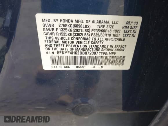 2013 Honda Pilot EX-L with VIN 5FNYF4H62DB072097, listed as a IAAI auction lot 42385561 with Not provided miles and . Bid and sale history available at DreamBid. Image 9.