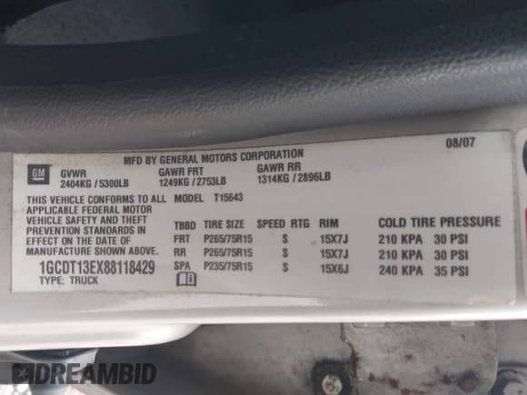 2008 Chevrolet Colorado 1LT z VIN 1GCDT13EX88118429, wystawiony jako IAAI lot #42763126 z przebiegiem 233 865 mil mil oraz . Historia ofert i sprzedaży dostępna na DreamBid. Obrazek 9.