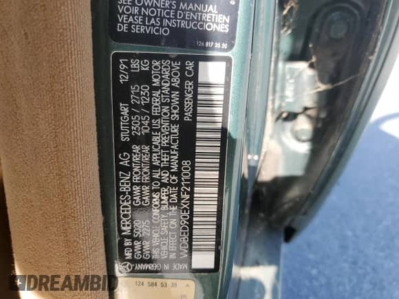 1993 Mercedes-Benz 300 с VIN WDBED90EXNF211008, выставлен на аукционе Copart как лот 80531215 с пробегом 274 833 миль миль и Чистый • Clean title. История ставок и продаж доступна на DreamBid. Изображение 12.