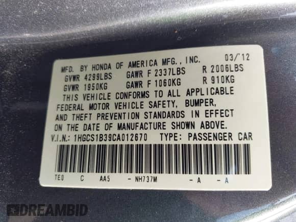 2012 Honda Accord LX-S with VIN 1HGCS1B39CA012670, listed as a IAAI auction lot 42398349 with 139,969 mi miles and . Bid and sale history available at DreamBid. Image 9.