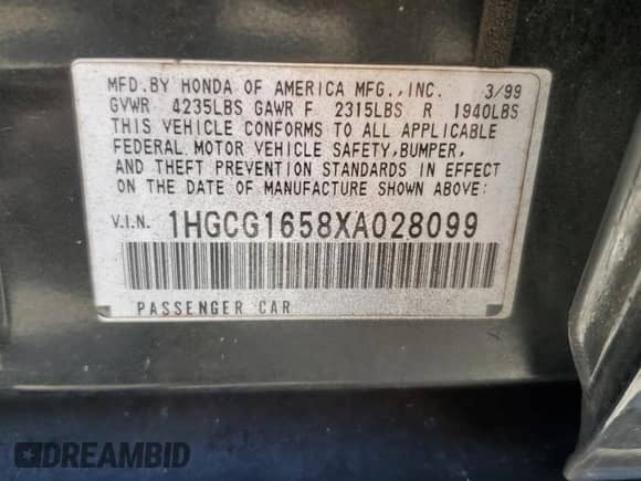 1999 Honda Accord EX с VIN 1HGCG1658XA028099, выставлен на аукционе Copart как лот 70496855 с пробегом Не указан миль и Списание • Salvage title. История ставок и продаж доступна на DreamBid. Изображение 12.