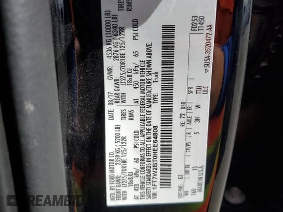 2017 Ford F-250 Lariat with VIN 1FT7W2BT0HEE64808, listed as a Copart auction lot 66966305 with Not provided miles and Salvage title. Bid and sale history available at DreamBid. Image 12.