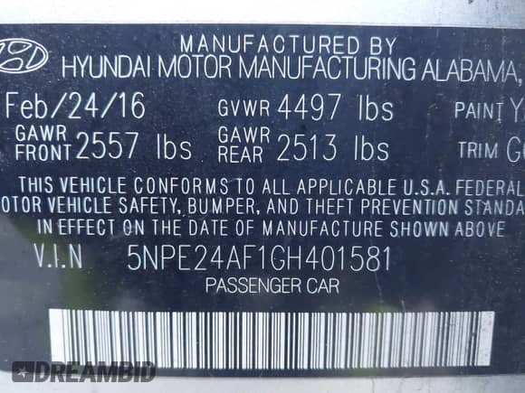 2016 Hyundai Sonata SE z VIN 5NPE24AF1GH401581, wystawiony jako IAAI lot #43415050 z przebiegiem 167 500 mil mil oraz . Historia ofert i sprzedaży dostępna na DreamBid. Obrazek 9.