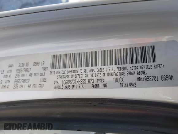 2017 Ram 1500 Big Horn with VIN 1C6RR7GTXHS551873, listed as a IAAI auction lot 42800652 with 139,938 mi miles and . Bid and sale history available at DreamBid. Image 9.