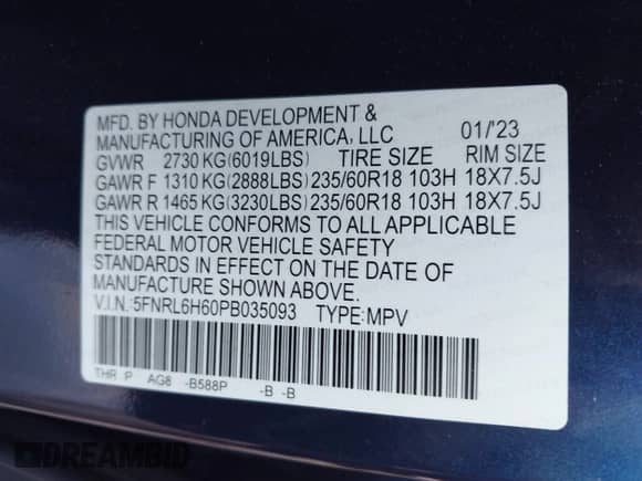 2023 Honda Odyssey EX-L with VIN 5FNRL6H60PB035093, listed as a IAAI auction lot 42744574 with 69,569 mi miles and . Bid and sale history available at DreamBid. Image 9.